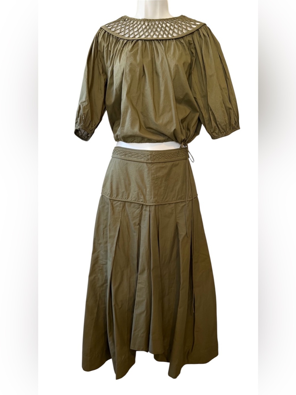 Merlette Set Bonnier Blouse and Lynnton Pleated Midi Skirt Olive Green Size 8/M - Picture 2 of 15
